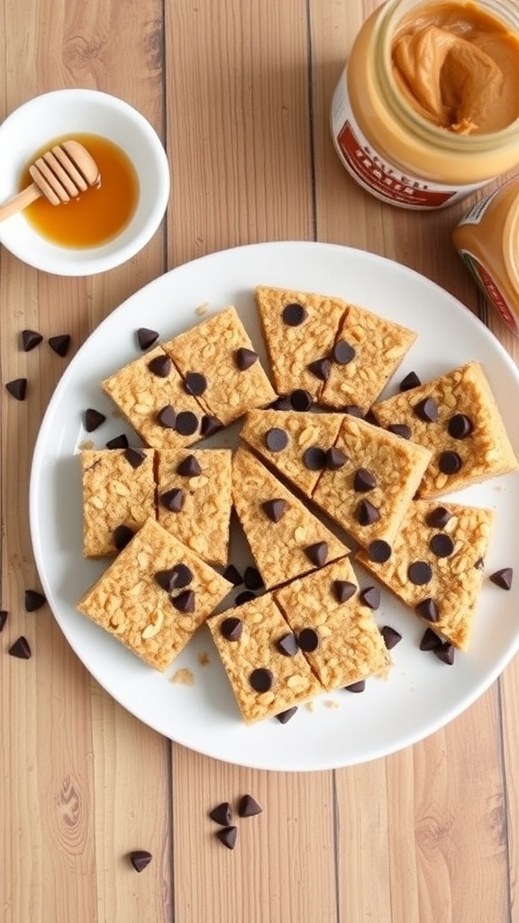 No-Bake 5-Ingredient Oat Bars Recipe A plate of no-bake oat bars with chocolate chips, set on a rustic wooden table.